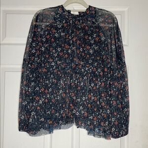 Free People Navy Floral Sheer Ruffled Blouse